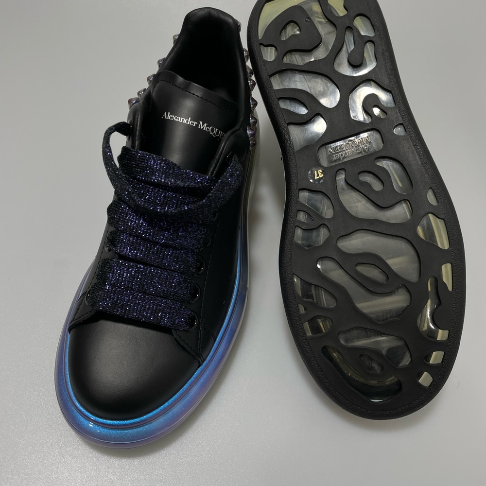 Alexander McQueen Black Leather Sneakers with Iridescent Blue Platform - Picture 9 of 11